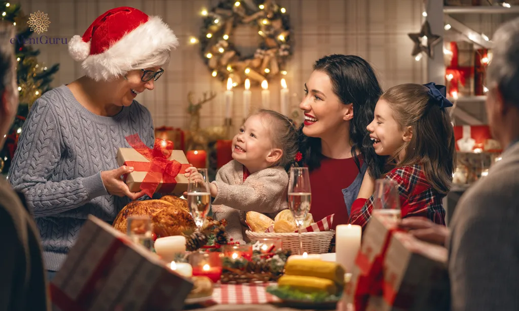 Merry Christmas! Dinner is being served at home by a happy family. Around the tree, we celebrate the holiday and togetherness.