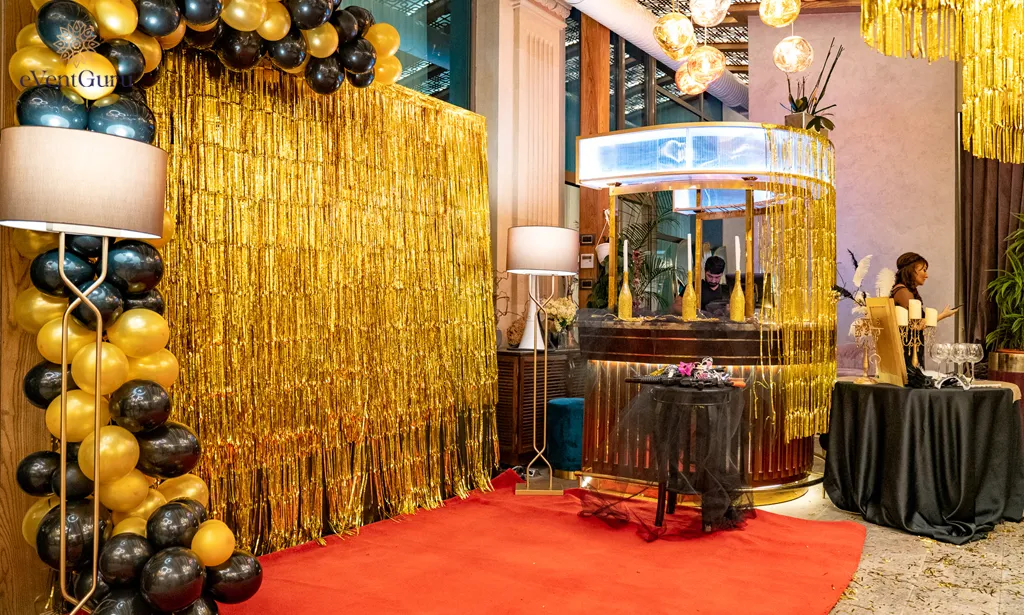 A decorated hall prepares for a party