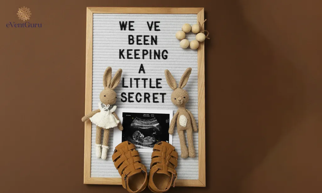 An announcement of pregnancy with baby items from the top